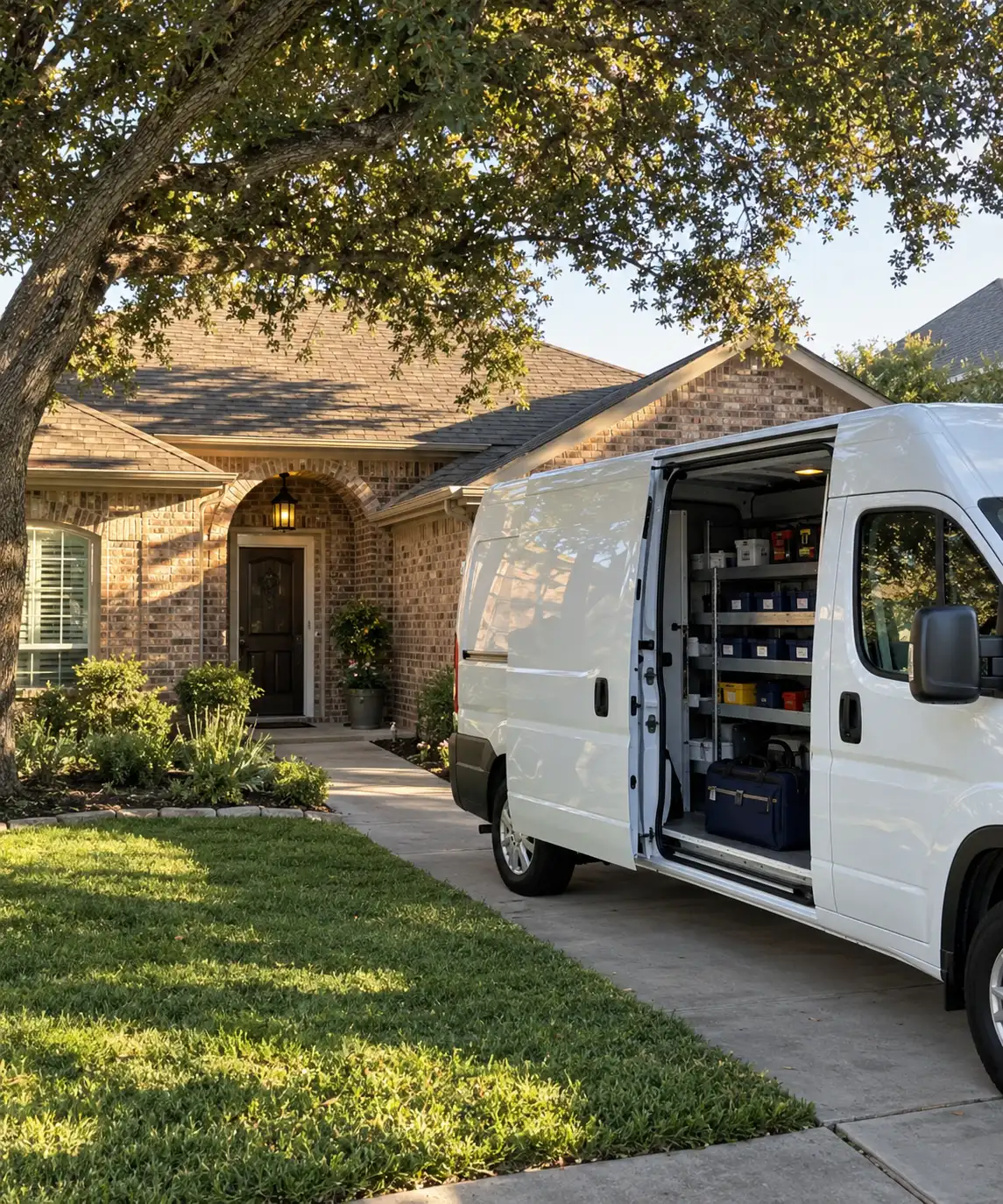 Service van parked outside a home in Corinth, TX